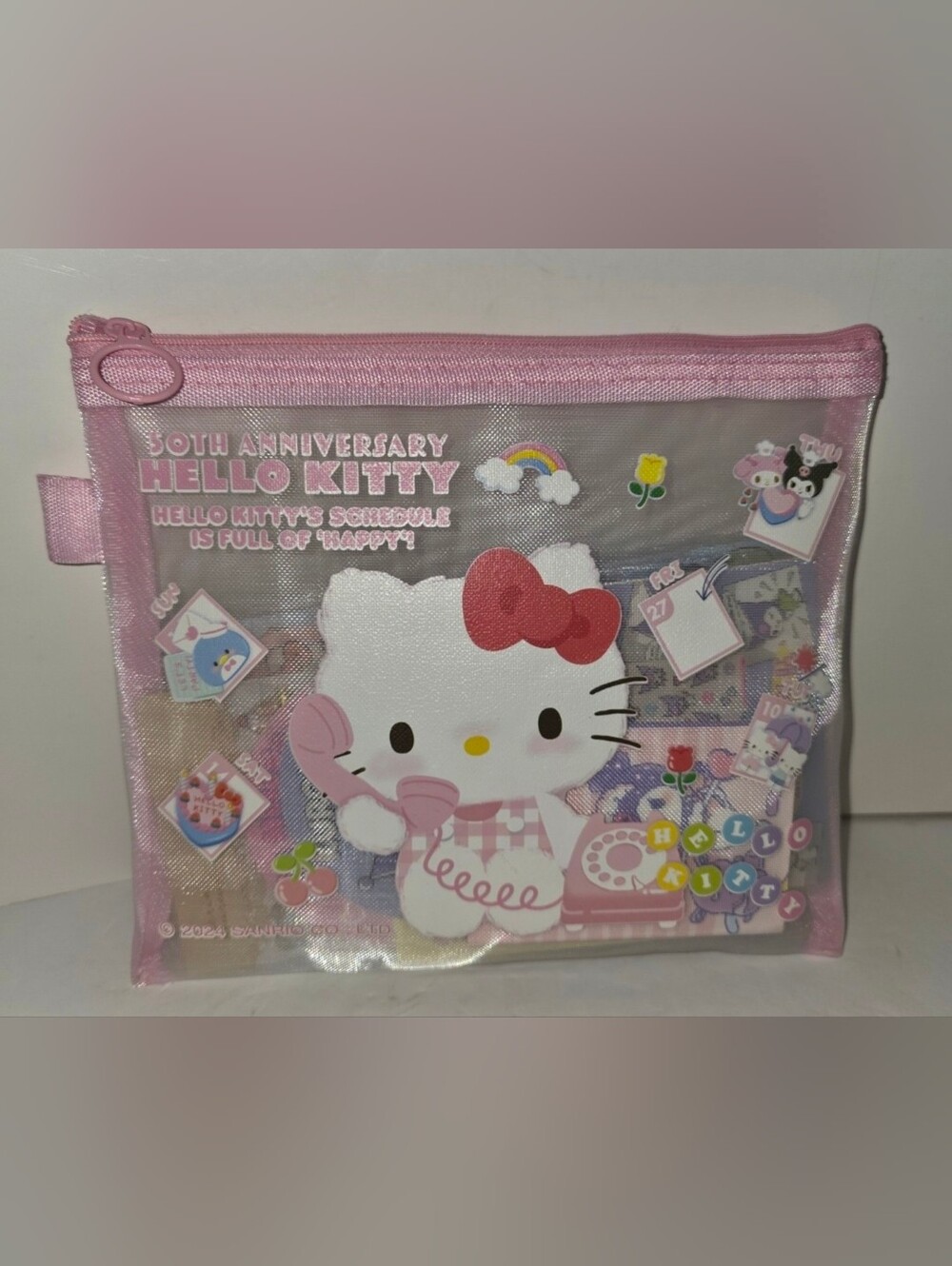 Rare Hello Kitty 50th Anniversary Cosmetic/Accessories Bag Filled With Goodies.